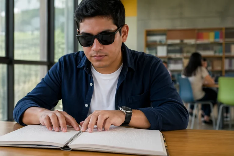 Joven adulto con discapacidad visual leyendo un libro en sistema Braille dentro de biblioteca moderna con ambiente educativo inclusivo.