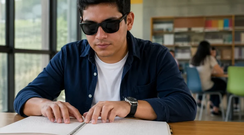 Joven adulto con discapacidad visual leyendo un libro en sistema Braille dentro de biblioteca moderna con ambiente educativo inclusivo.