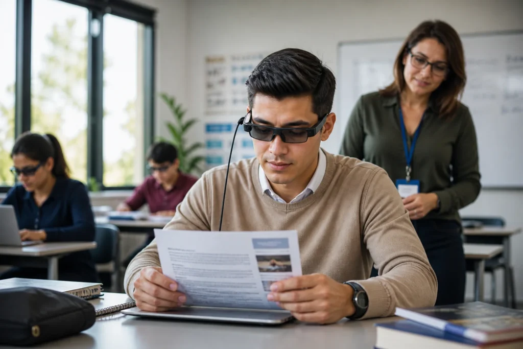 Estudiante con discapacidad visual usando lentes inteligentes IA en aula inclusiva con apoyo docente