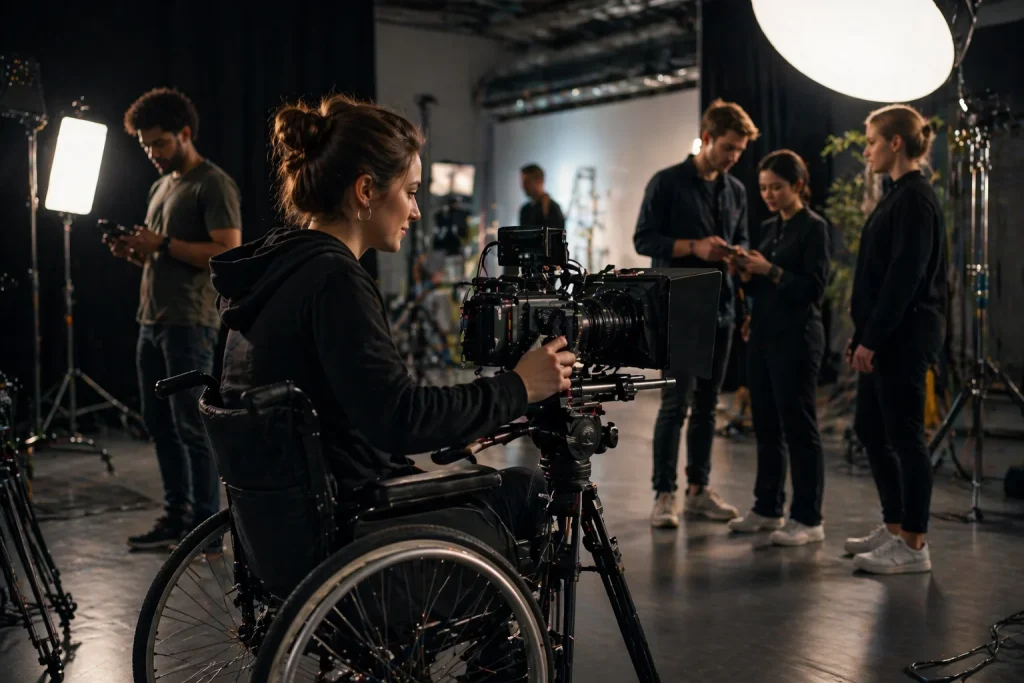 Estudiante adulta usuaria de silla de ruedas opera c&aacute;mara profesional en estudio de cine inclusivo junto a equipo de producci&oacute;n en Reino Unido.