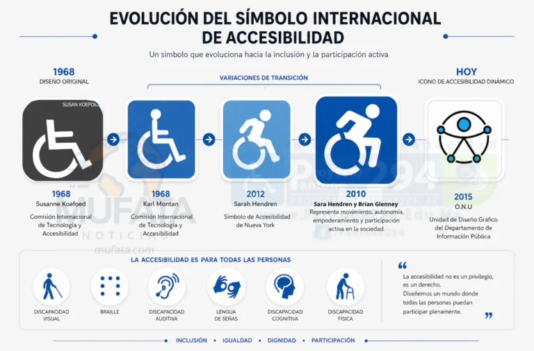 Infografía sobre la evolución del Símbolo Internacional de Accesibilidad desde 1968 hasta 2015, mostrando diseños históricos, versión dinámica moderna y símbolo inclusivo de la ONU.