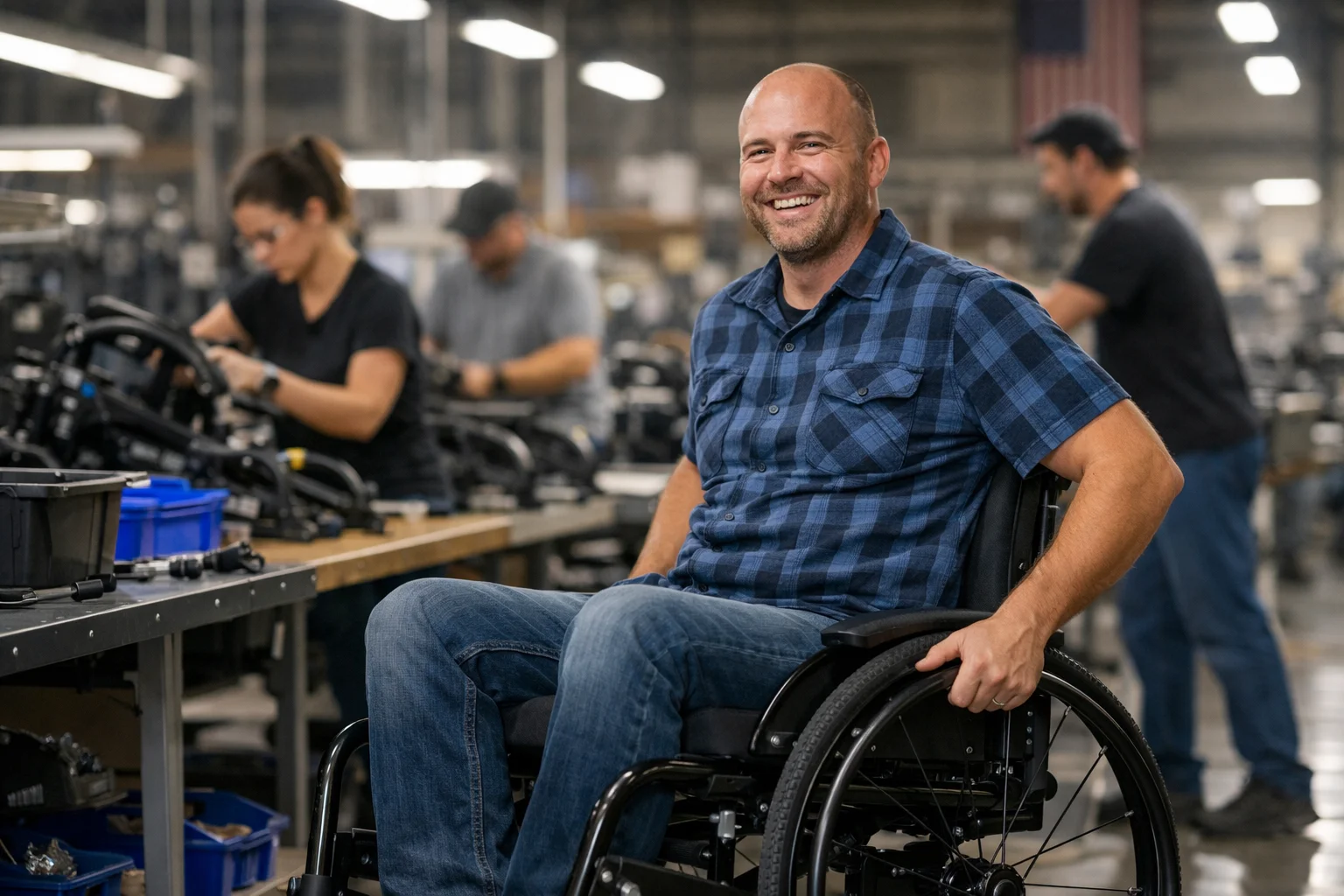 Persona adulta sonriente prueba una silla de ruedas nueva dentro de una moderna f&aacute;brica estadounidense mientras trabajadores ensamblan modelos al fondo.