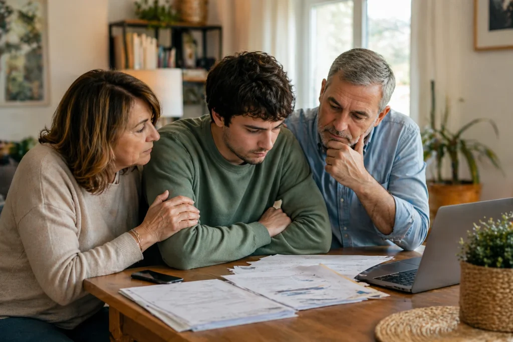Familia española reunida en sala de estar revisando documentos y laptop por búsqueda de apoyos para hijo adulto con autismo.