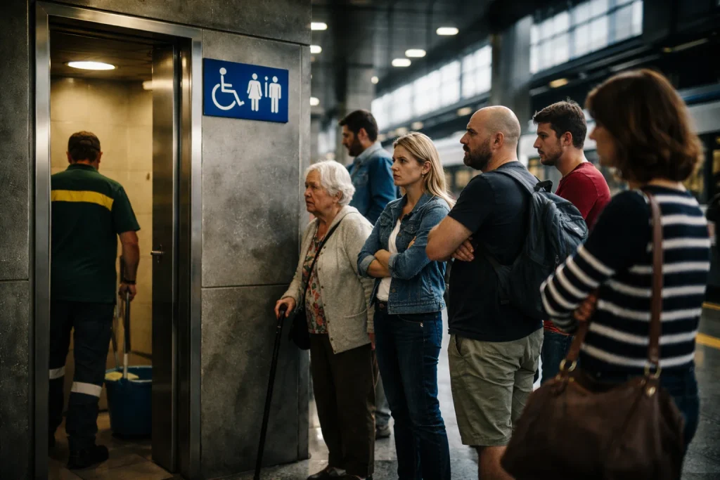 Fila de pasajeros esperando frente a ba&ntilde;o accesible en estaci&oacute;n ferroviaria de Espa&ntilde;a con expresiones de frustraci&oacute;n moderada