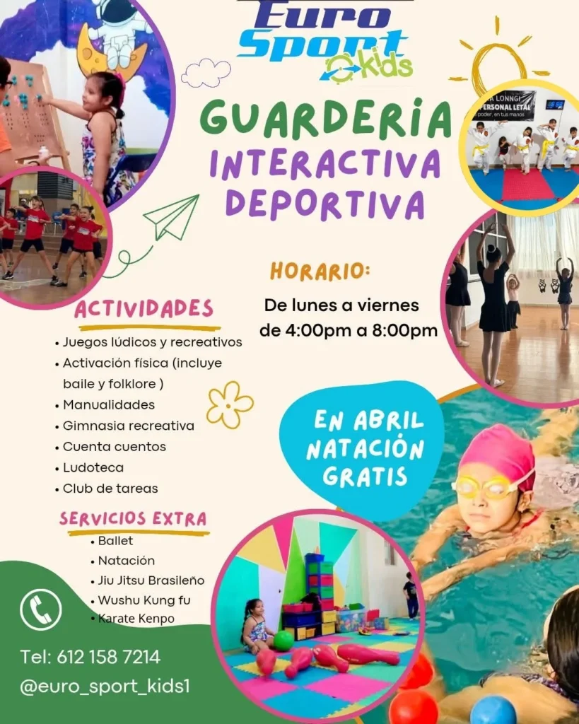 Publicidad de Euro Sport Kids sobre guardería interactiva deportiva con actividades infantiles, horario vespertino y promoción de natación gratis en abril.