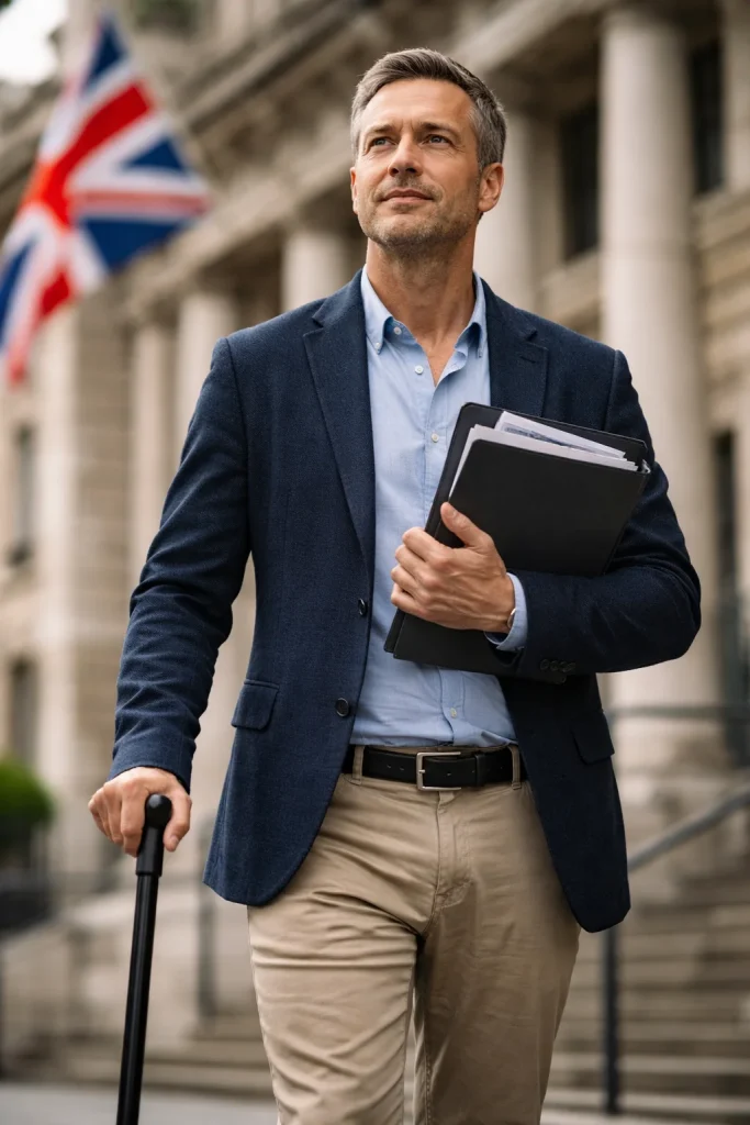 Hombre con bast&oacute;n sosteniendo documentos de empleo frente a edificio gubernamental en Reino Unido con bandera brit&aacute;nica al fondo.
