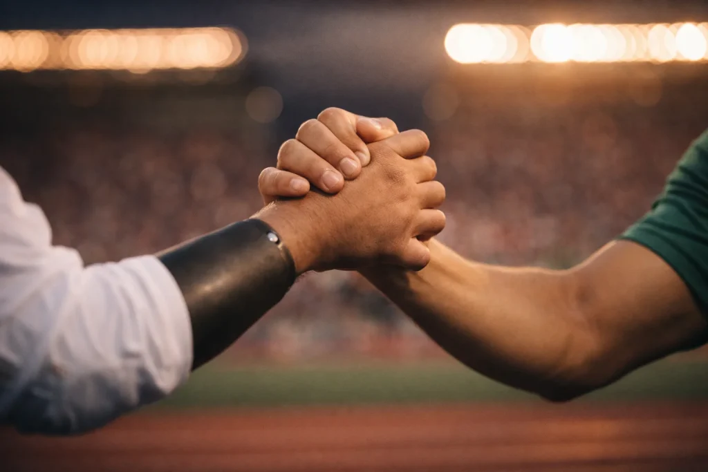 Manos de atletas unidas en gesto de inclusi&oacute;n, una con pr&oacute;tesis y otra sin discapacidad en estadio deportivo