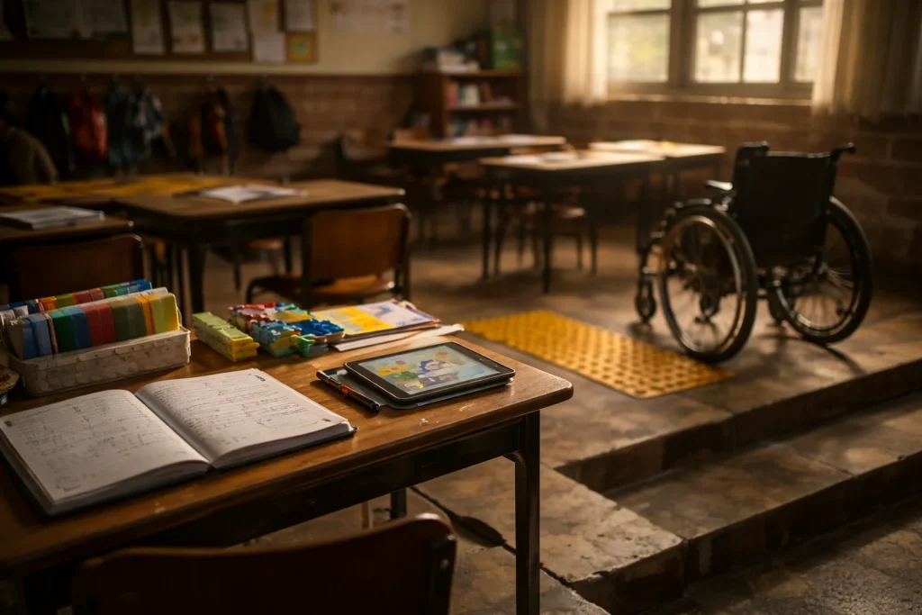 Sal&oacute;n de clases con elementos de accesibilidad incompleta como rampa inconclusa y materiales adaptados en contraste con barreras f&iacute;sicas