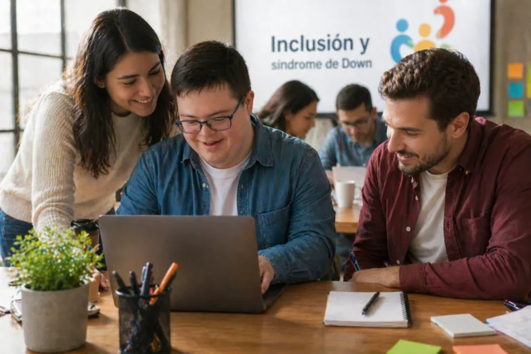 Inclusión y síndrome de Down. Adulto con síndrome de Down trabajando en una laptop junto a compañeros en un entorno inclusivo y colaborativo