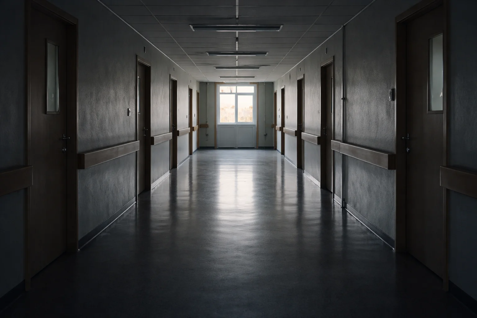 Pasillo vac&iacute;o en instituci&oacute;n de cuidado con puertas cerradas y luz natural al fondo, simbolizando aislamiento en personas con discapacidad