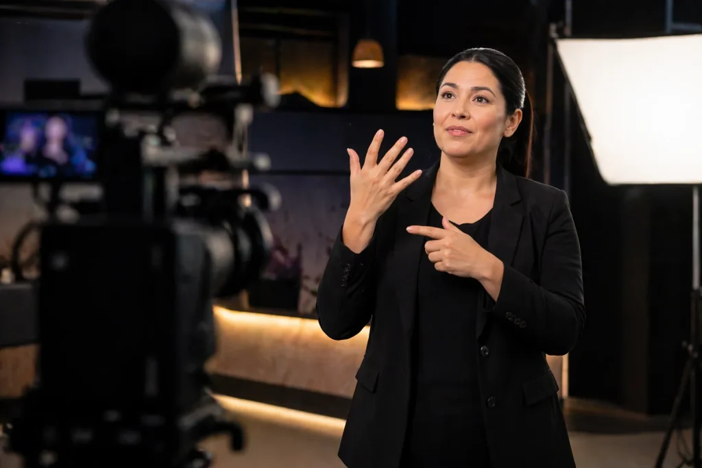 Int&eacute;rprete adulta de lengua de se&ntilde;as frente a c&aacute;mara de televisi&oacute;n en estudio profesional con iluminaci&oacute;n moderna.