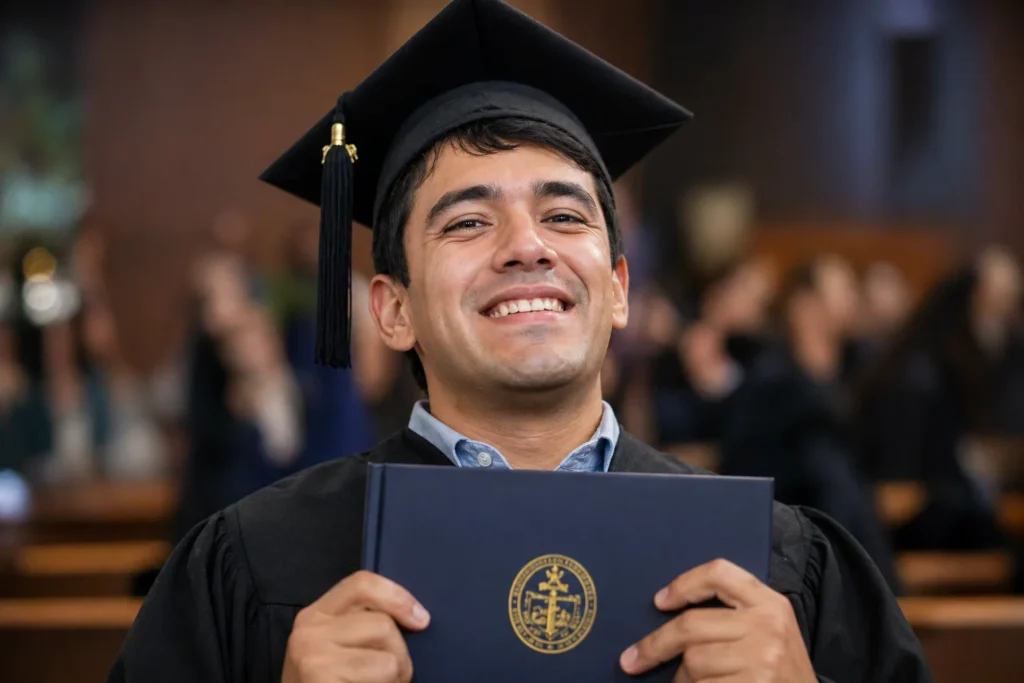 Primer plano de joven latinoamericano con toga de graduación sonriendo mientras sostiene su diploma en ceremonia académica.