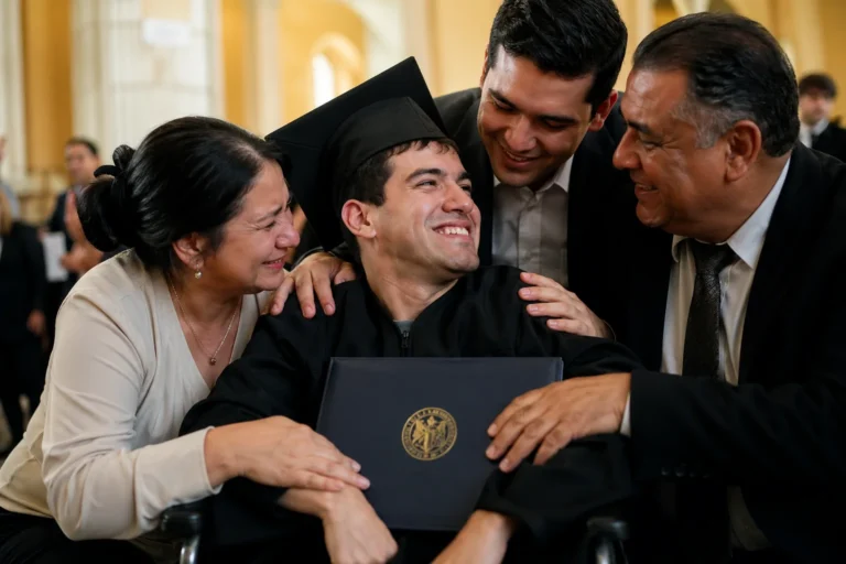 Joven latinoamericano con parálisis cerebral celebra su graduación universitaria rodeado de su familia emocionada durante ceremonia académica.