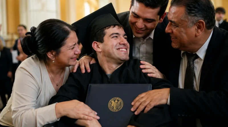 Joven latinoamericano con parálisis cerebral celebra su graduación universitaria rodeado de su familia emocionada durante ceremonia académica.