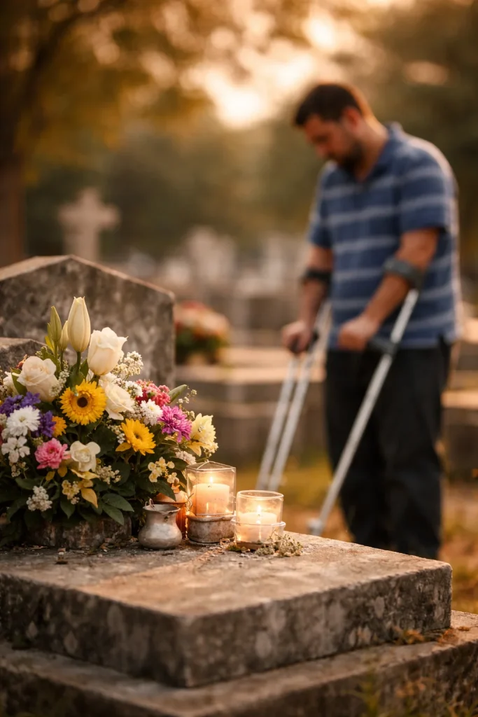 L&aacute;pida con flores frescas en primer plano y persona desenfocada al fondo en un cementerio, representando duelo y conexi&oacute;n emocional
