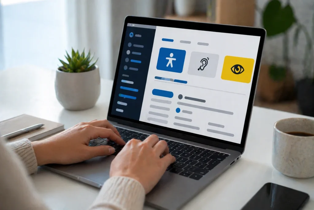 Persona usando laptop con interfaz web accesible en escritorio moderno y minimalista