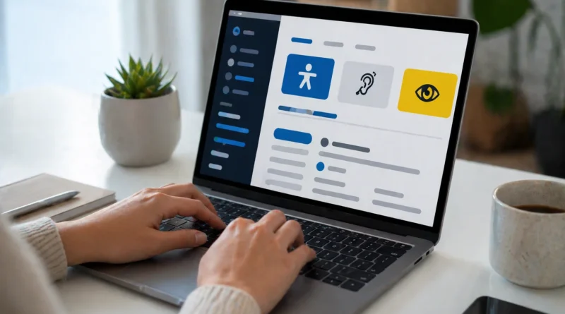 Persona usando laptop con interfaz web accesible en escritorio moderno y minimalista