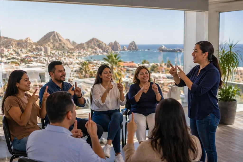 Grupo de adultos practica Lengua de Señas Mexicana con vista panorámica de Los Cabos.