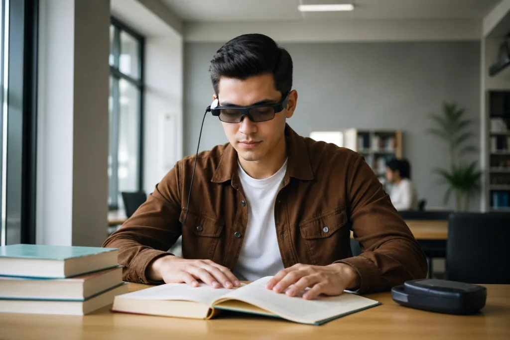 Adulto con discapacidad visual usando lentes inteligentes de IA para leer un documento en biblioteca moderna con señal de discapacidad visual