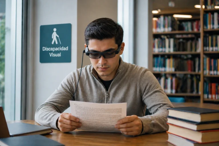 Persona con discapacidad visual usando lentes inteligentes leyendo libros en entorno educativo moderno