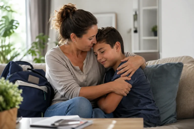 Madre abraza con apoyo emocional a su hijo escolar en casa con mochila cerca tras situación de bullying.