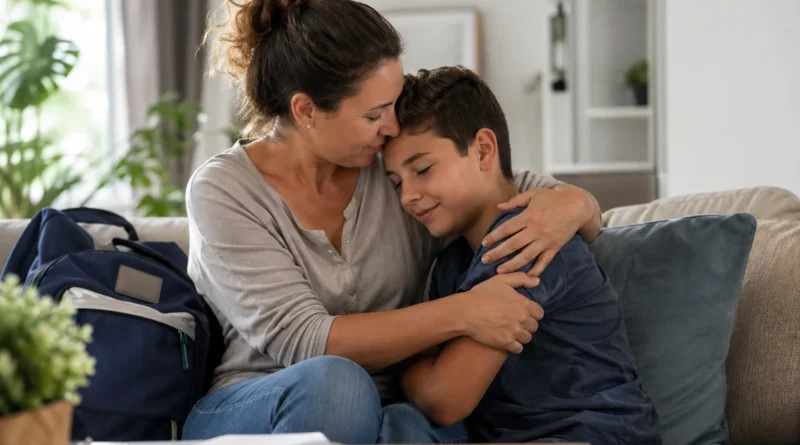 Madre abraza con apoyo emocional a su hijo escolar en casa con mochila cerca tras situación de bullying.