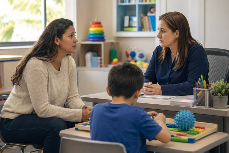 Madre conversa con directora en aula escolar mientras niño con autismo trabaja con material sensorial en Baja California Sur.