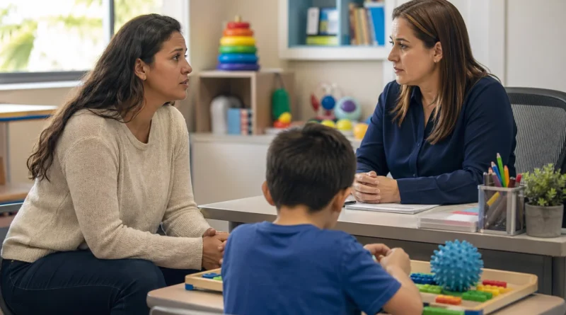 Madre conversa con directora en aula escolar mientras niño con autismo trabaja con material sensorial en Baja California Sur.