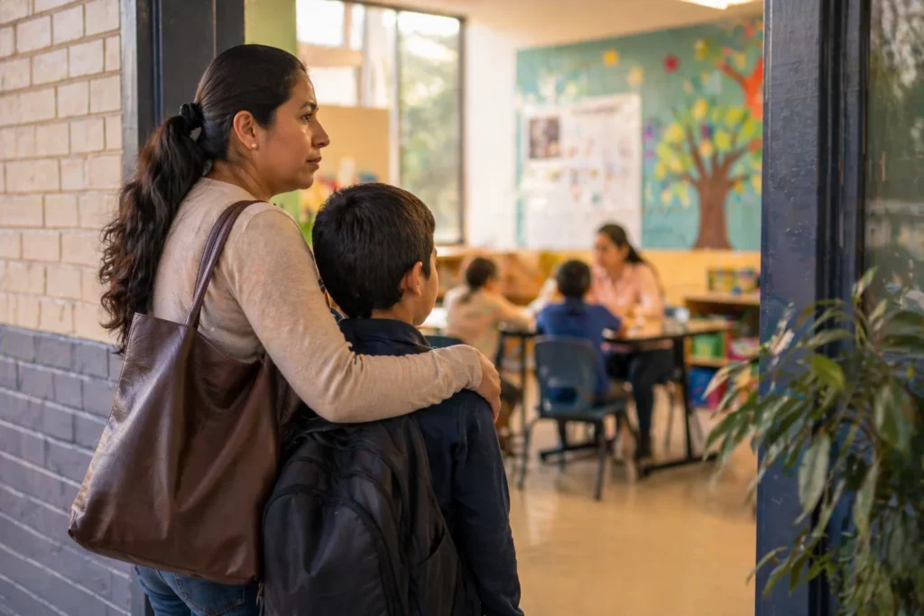 Madre mexicana acompaña a su hijo en la entrada de un salón escolar mientras observa un aula inclusiva al fondo.