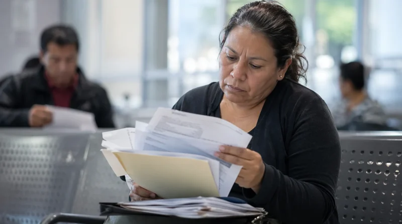 Mujer adulta mexicana revisa documentos médicos y formularios en sala de espera institucional mientras enfrenta trámites para terapias de discapacidad.
