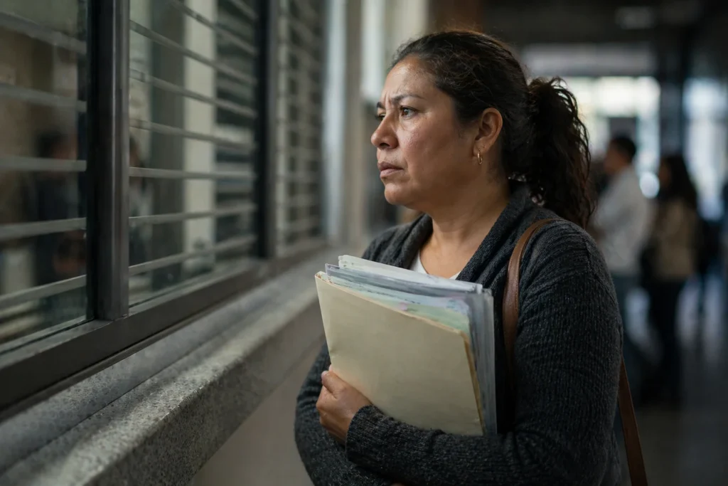 Mujer adulta mexicana espera frente a ventanilla administrativa cerrada con carpeta de expedientes en oficina pública.