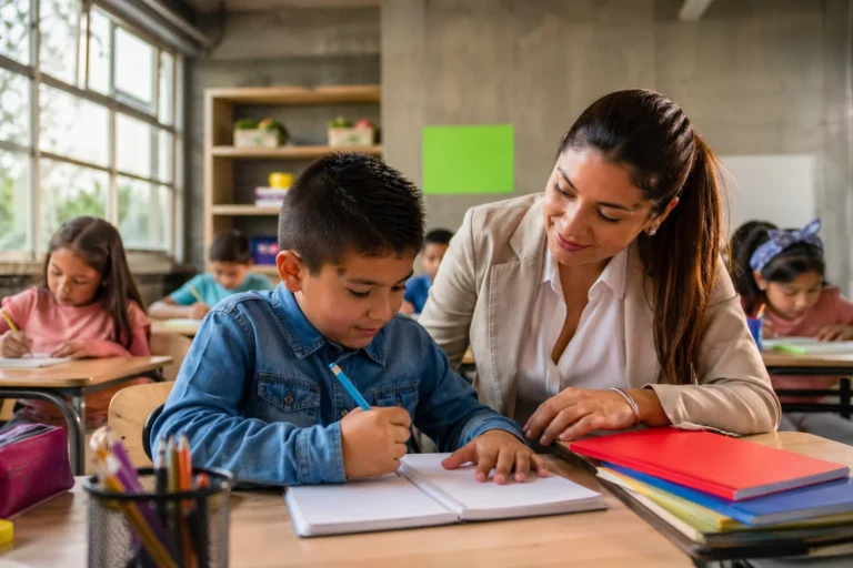 Profesional educativo acompaña a estudiante dentro de aula inclusiva en escuela moderna de México mientras otros alumnos trabajan en clase.