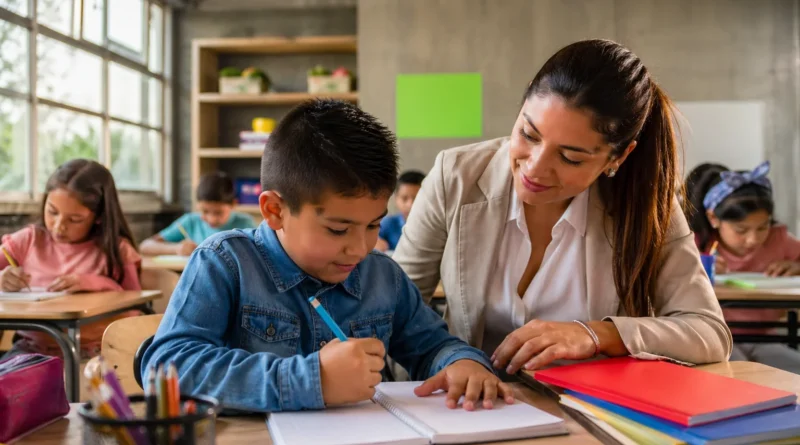 Profesional educativo acompaña a estudiante dentro de aula inclusiva en escuela moderna de México mientras otros alumnos trabajan en clase.