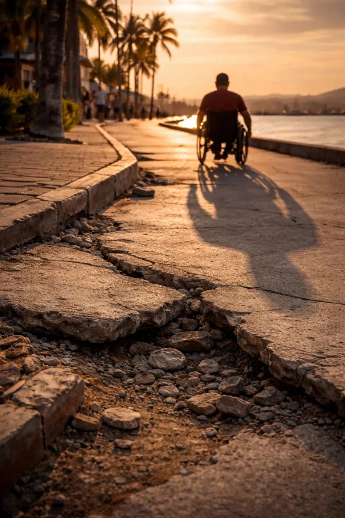 Banqueta fracturada frente al malec&oacute;n de La Paz con sombra de una persona en silla de ruedas al atardecer.