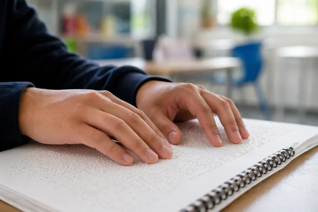 Primer plano de manos leyendo líneas de texto Braille sobre libro en escritorio con fondo de aula moderna desenfocado.