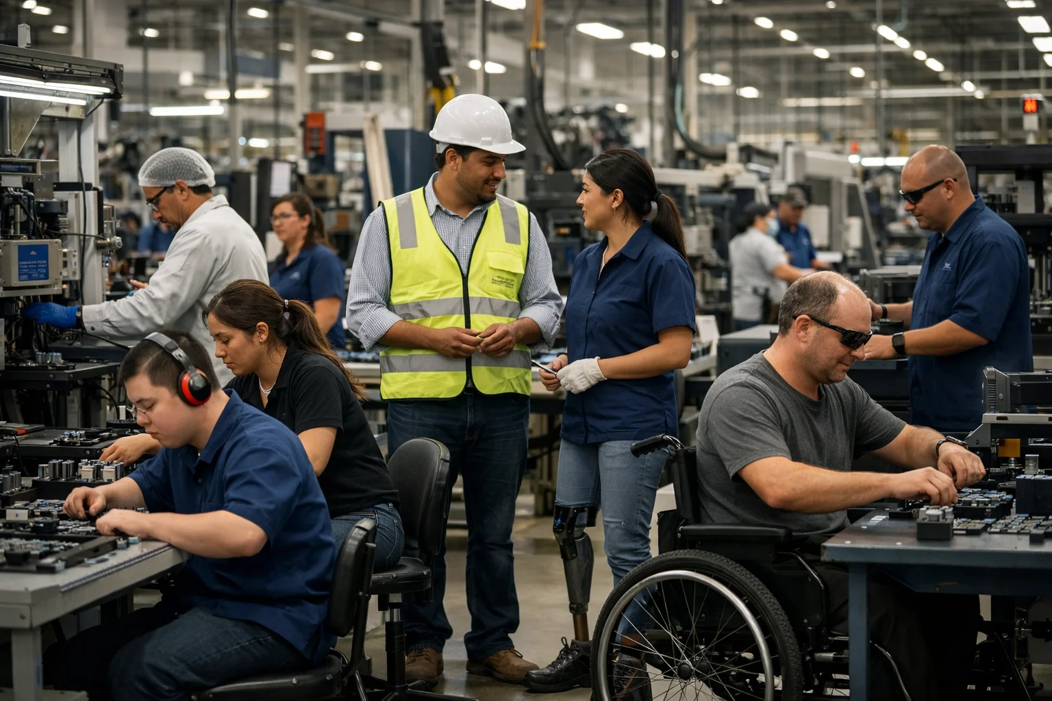 Trabajadores diversos colaboran dentro de una planta maquiladora moderna en Ciudad Ju&aacute;rez, incluyendo empleados con discapacidad en estaciones adaptadas.
