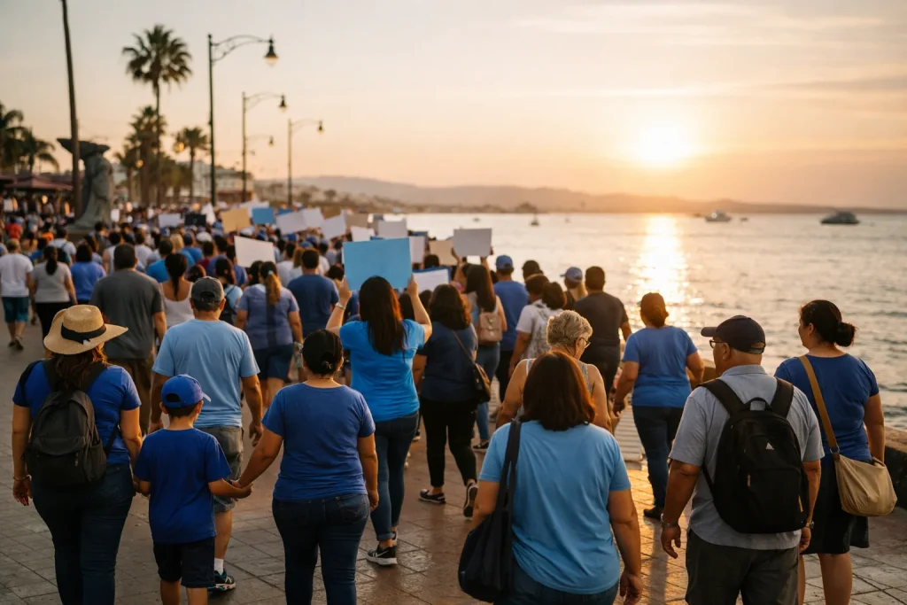 Personas adultas marchando pac&iacute;ficamente en el malec&oacute;n de La Paz durante una manifestaci&oacute;n por la visibilidad del autismo al atardecer