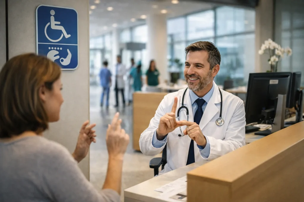 M&eacute;dico conversando mediante lenguaje de se&ntilde;as con paciente con discapacidad auditiva en recepci&oacute;n m&eacute;dica moderna de Europa.