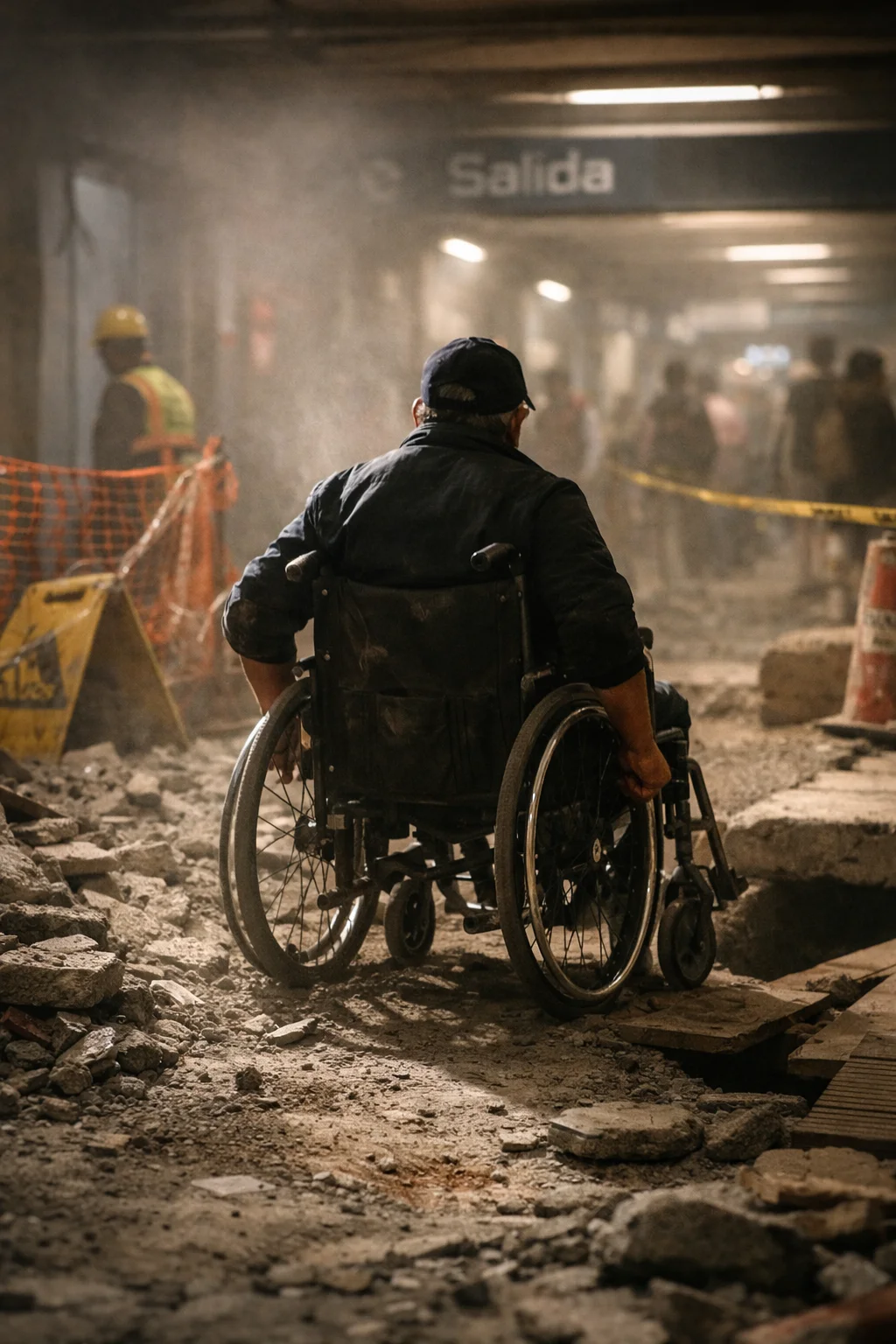 Persona en silla de ruedas avanza con dificultad entre escombros y obras dentro de una estaci&oacute;n del Metro de la Ciudad de M&eacute;xico