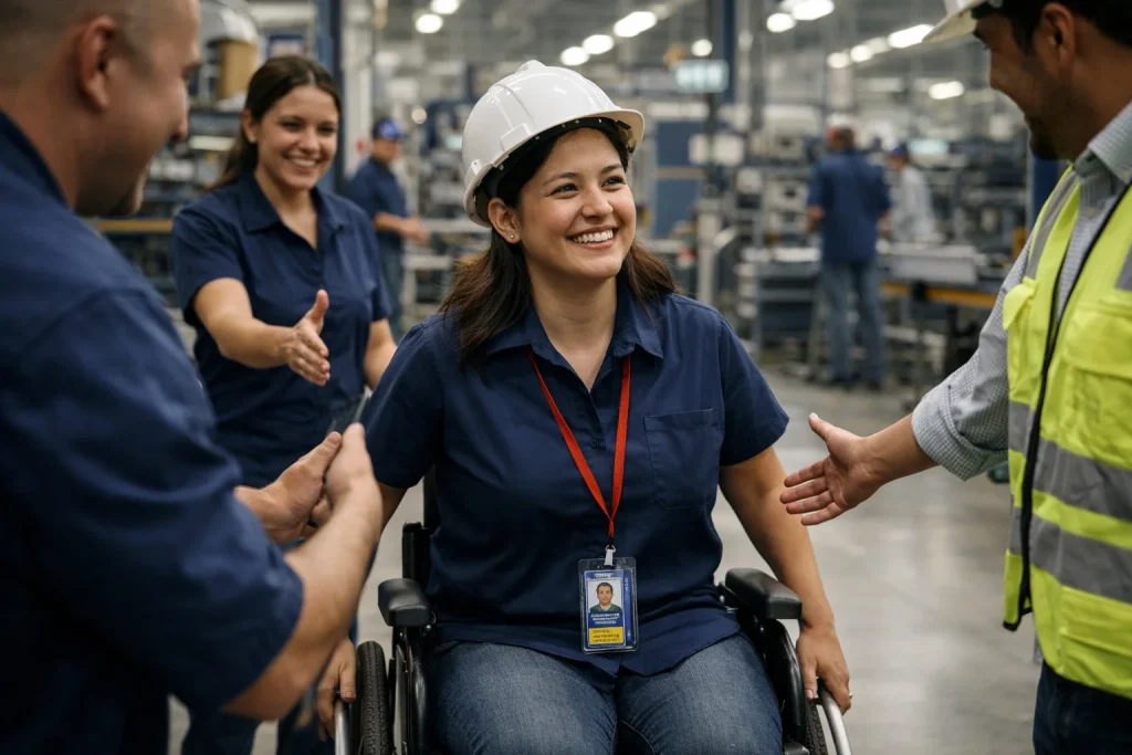 Mujer con discapacidad ingresa sonriente a una f&aacute;brica moderna en Ciudad Ju&aacute;rez mientras compa&ntilde;eros la reciben cordialmente.