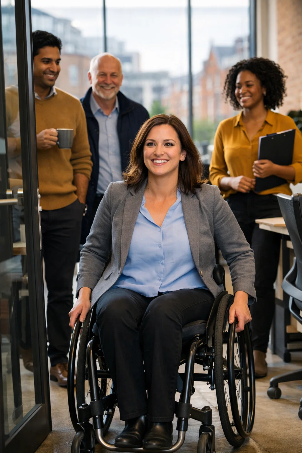 Mujer en silla de ruedas entrando sonriente a una oficina moderna en Reino Unido acompa&ntilde;ada por compa&ntilde;eros de trabajo en ambiente inclusivo.