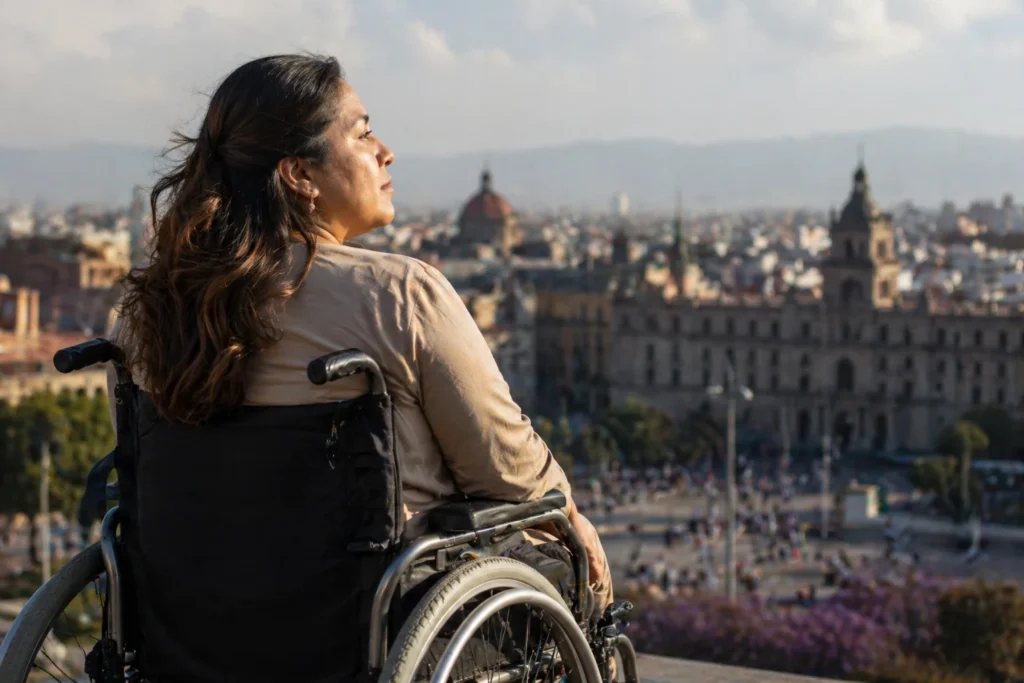Mujer adulta usuaria de silla de ruedas observa el horizonte urbano de Ciudad de México con expresión firme y esperanzadora, símbolo de inclusión y derechos humanos.