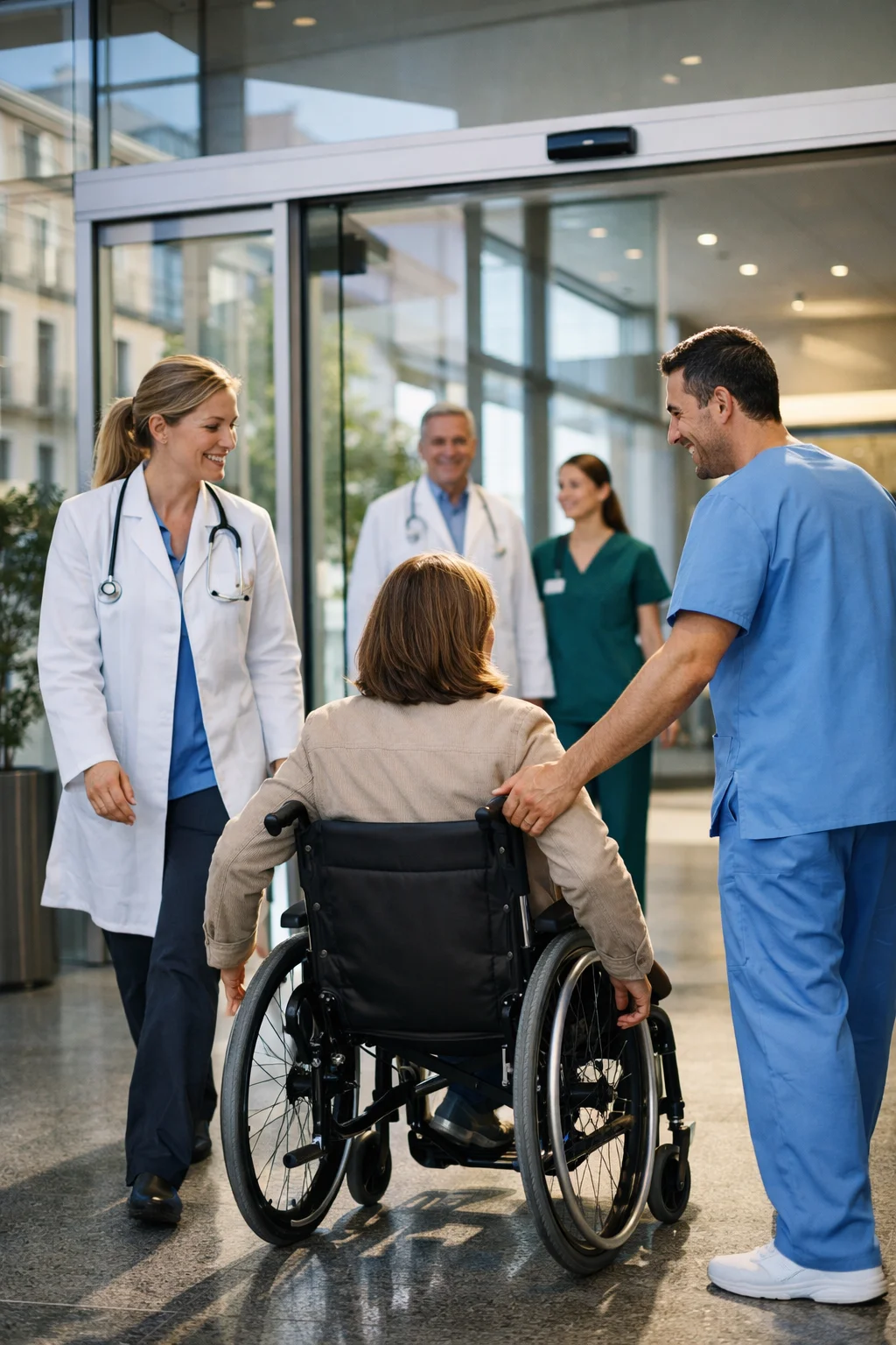 Mujer adulta en silla de ruedas entrando a un hospital moderno europeo acompa&ntilde;ada por personal m&eacute;dico sonriente en ambiente inclusivo.