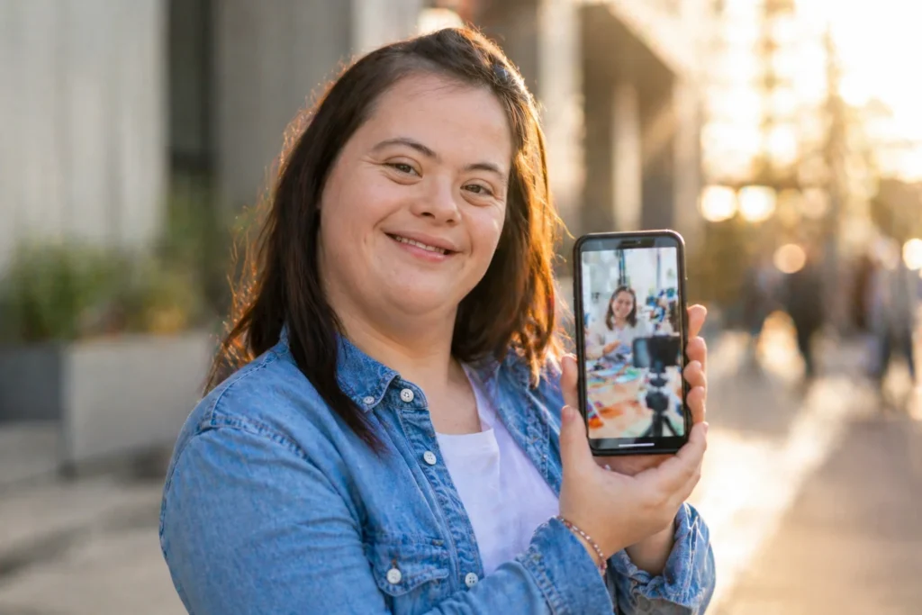 Mujer adulta con síndrome de Down sonriendo mientras muestra contenido en su smartphone en un entorno urbano moderno