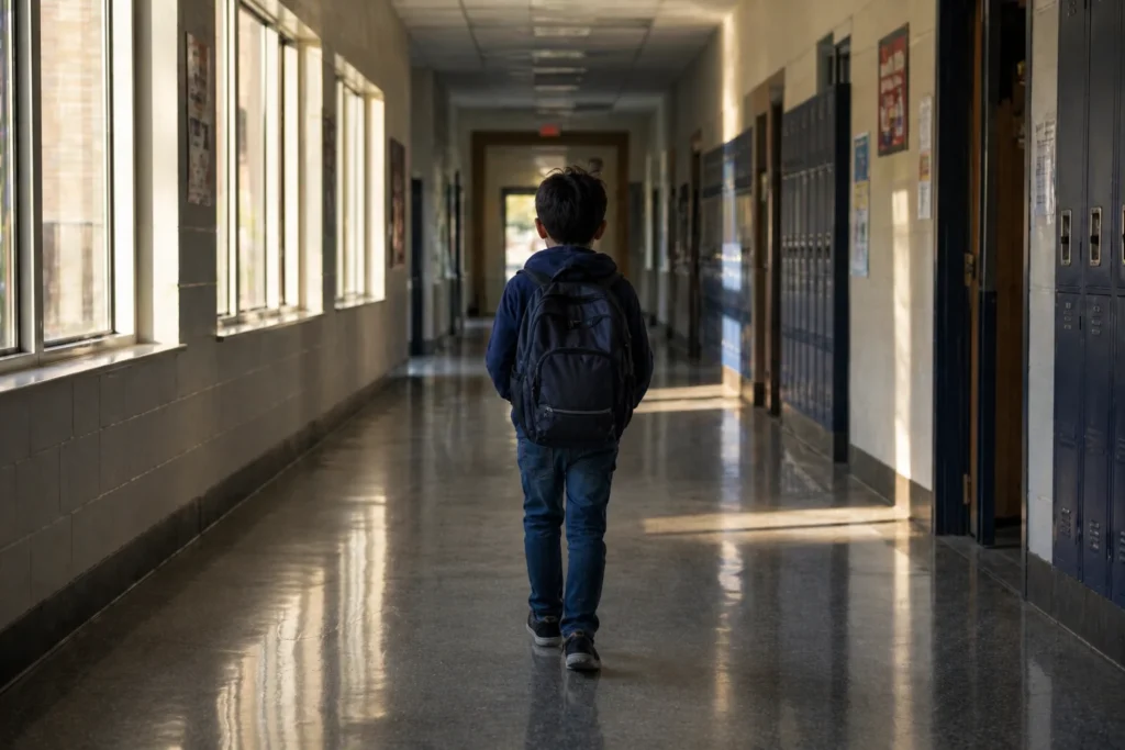 Niño camina solo por pasillo escolar vacío con mochila en escena sobre soledad e inclusión escolar. Título de la imagen (slug):
