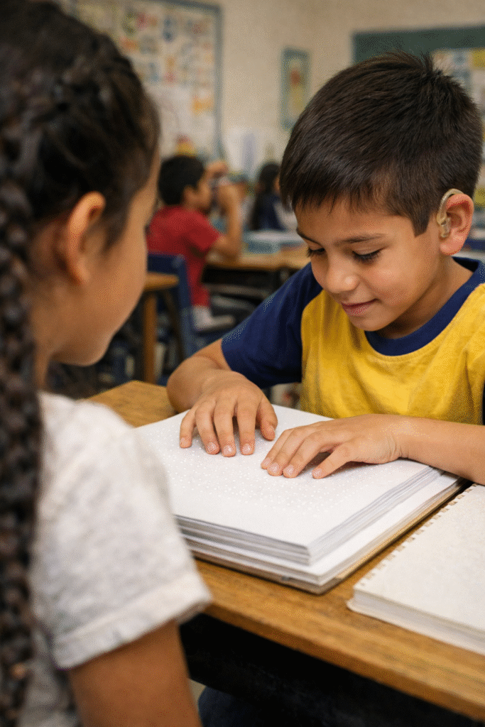 Ni&ntilde;o lee un libro en sistema braille mientras una compa&ntilde;era observa en un aula inclusiva de educaci&oacute;n b&aacute;sica.