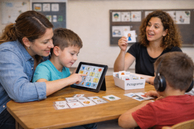 Niño con autismo no verbal utilizando una tableta con pictogramas en un aula escolar con apoyo de su docente.