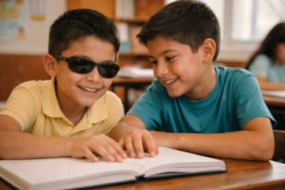 Estudiante con discapacidad visual leyendo un libro en braille acompañado por un compañero en un aula inclusiva