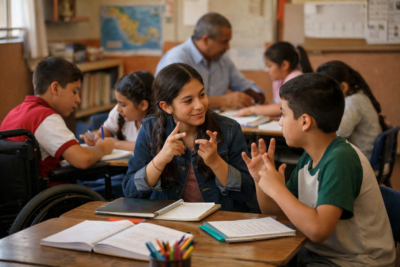 Aula inclusiva en México con estudiantes diversos trabajando juntos, incluyendo un niño en silla de ruedas y una joven comunicándose en lengua de señas