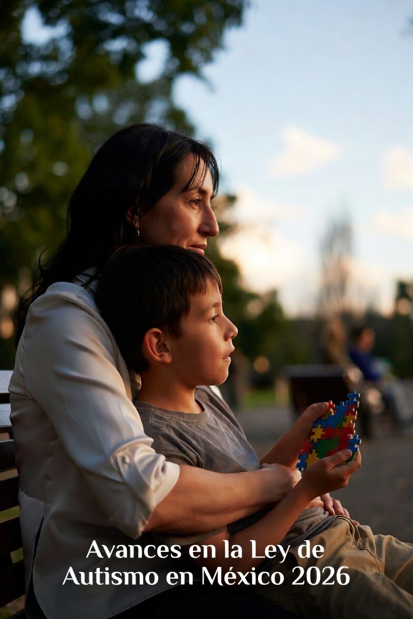 Madre abrazando a su hijo con trastorno del espectro autista en un parque de la Ciudad de México, simbolizando los avances en la Ley de Autismo 2026